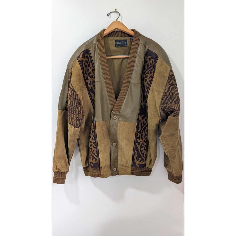 Vintage Saxony Leather Suede Knit Patchwork Cardigan Jacket Olive/Brown Mens L